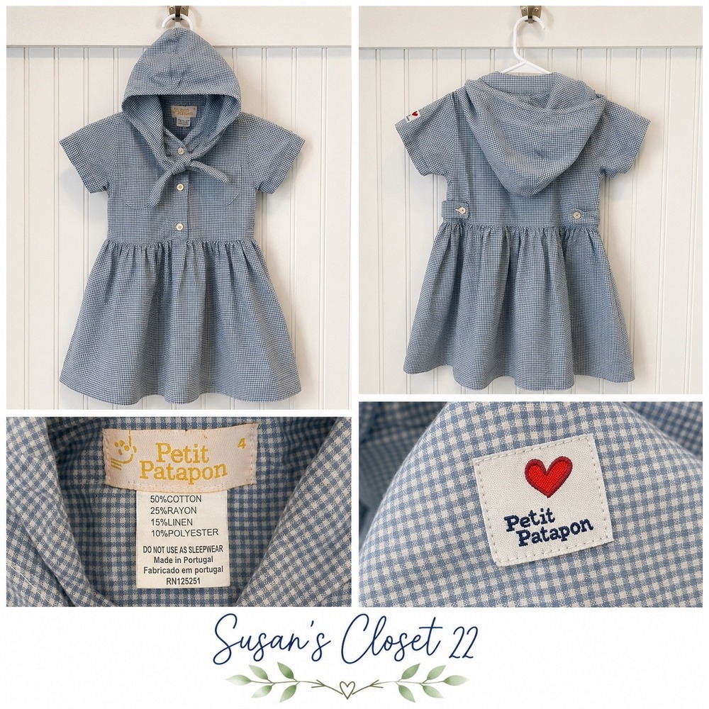 Petit Patapon Gingham Dress Kids 4 Blue Cottagecore Hooded Button Front Cotton